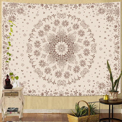 Fowocu Boho Floral Mandala Tapestry Wall Hanging Bohemian Flower Medallion Tapestry Aesthetic Beige