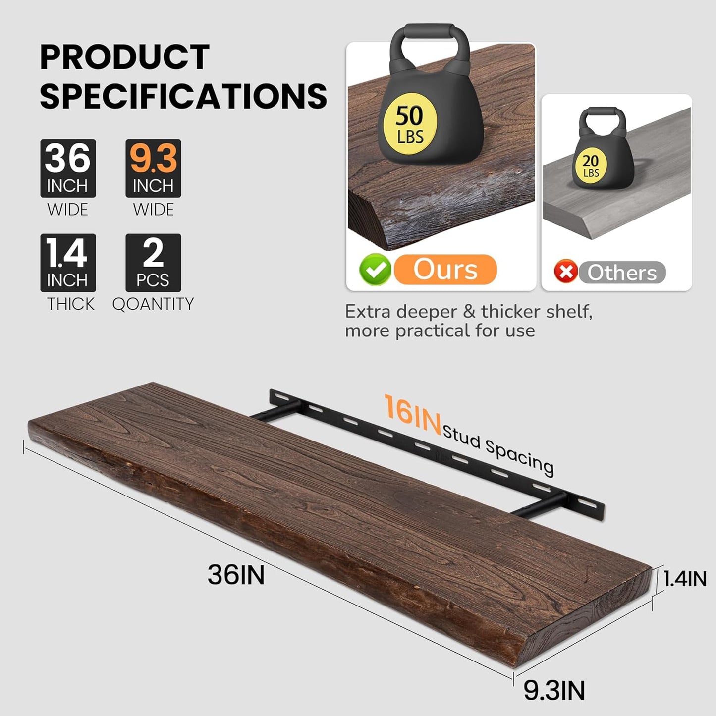 Floating Shelves for Wall, 36"x9.3" Rustic Solid Live-Edge Elm Wood Wall Shelves, Heavy-Duty