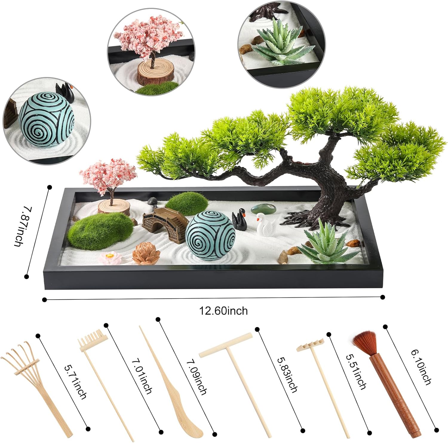 Zen Garden Kit for Desk Decor - Premium Beautiful Japanese Mini Zen Sand Garden Box Set for Home