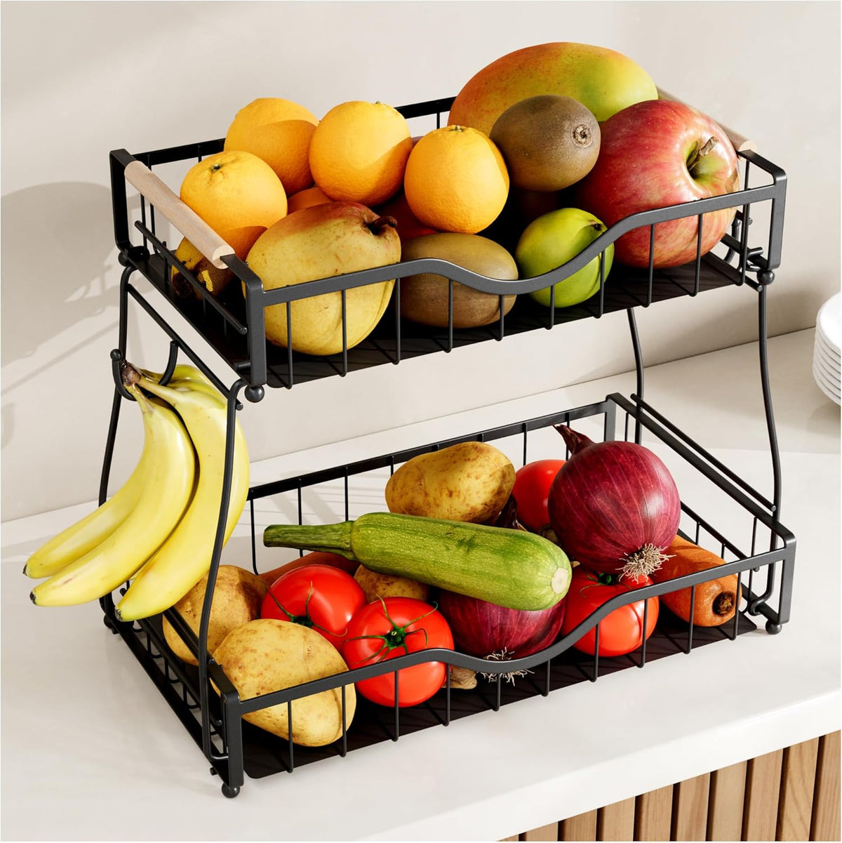 2 Tier Fruit Basket with 2 Banana Hangers, Fruit Bowl for Kitchen Countertop with 2 Wooden Handle