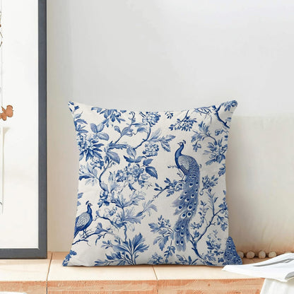 Navy Blue Spring Floral Pillow Covers 18 x 18 Inch Set of 2 for Chinoiserie Flowers Bird Decor
