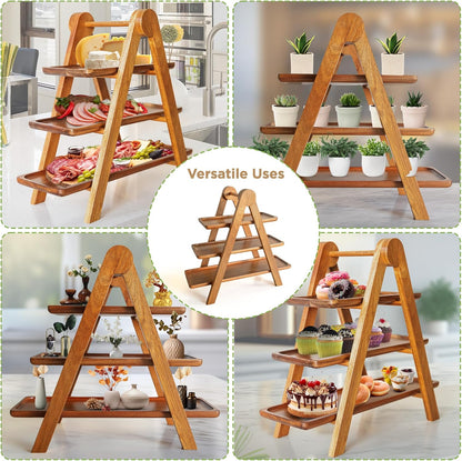 MAJURI 3 Tier Wooden Serving Tray, Set of 2 Tongs Free, Tiered Serving Trays & Platters for Party