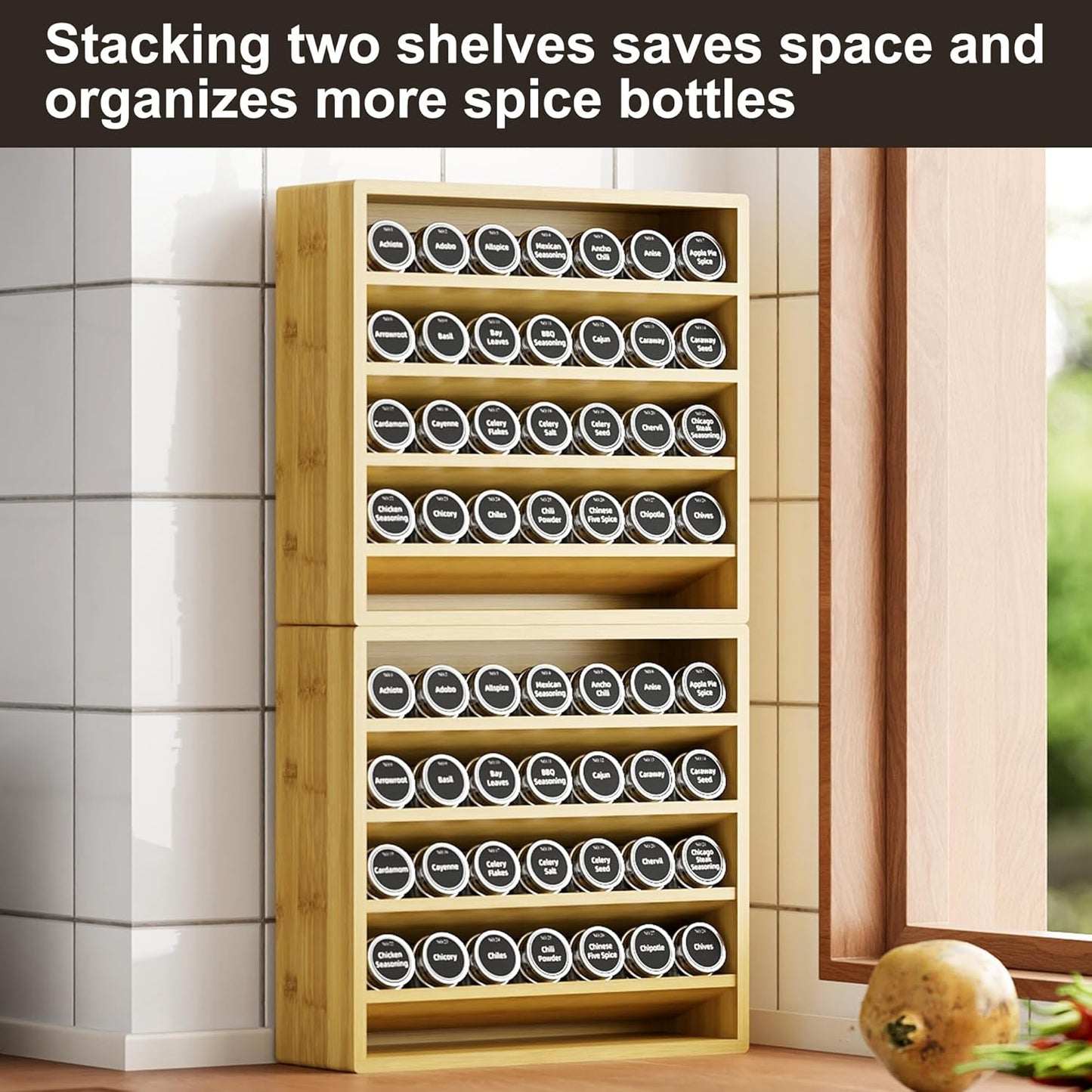 Orimade 4 Tier Spice Rack Organizer for Cabinet, Freestanding Bamboo Seasoning Rack for Countertop