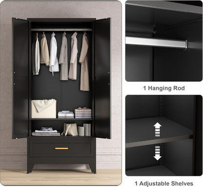 71'' Black Farmhouse Metal Wardrobe Cabinet with Hanging Rod, 2 Barn Door Wardrobe Closet with
