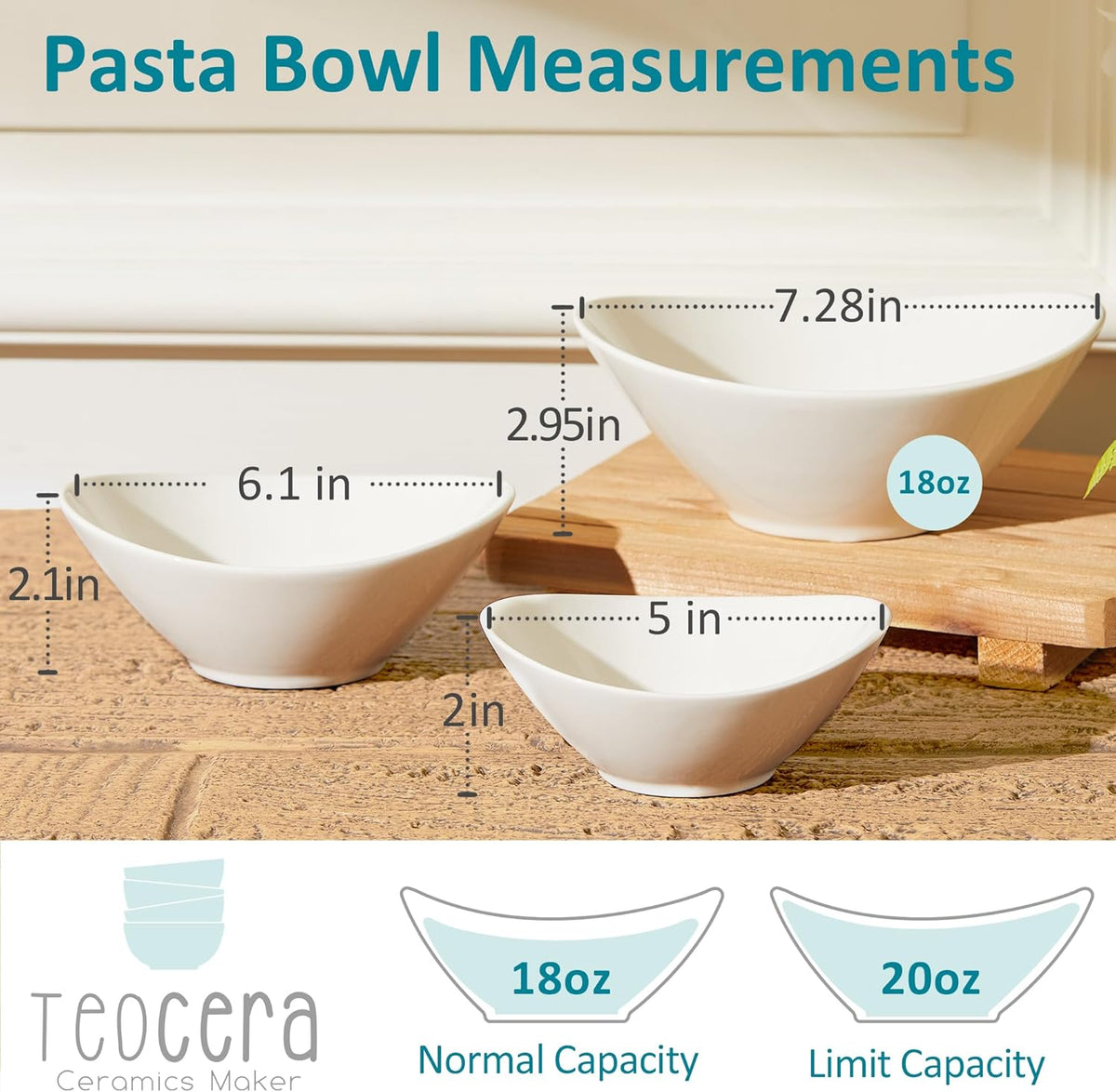 Teocera 7 Inch Salad Bowls Set of 6, 18 oz Large Soup Bowls– Microwave & Dishwasher Safe, for