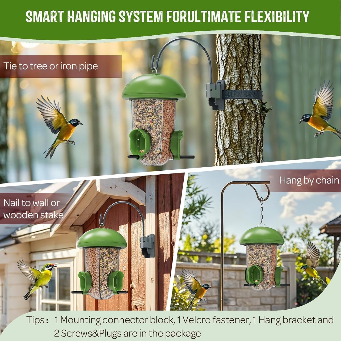 LONA Bird Feeders for Outdoors Hanging – 3 Separate Compartments, 3 Feeding Ports, Weatherproof