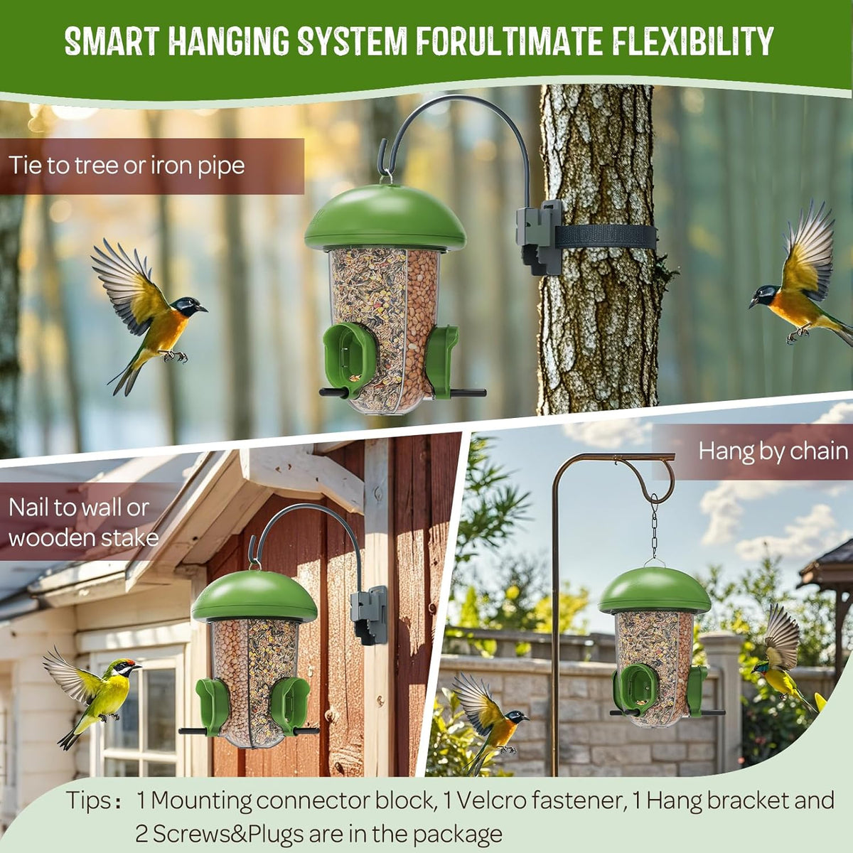 LONA Bird Feeders for Outdoors Hanging – 3 Separate Compartments, 3 Feeding Ports, Weatherproof