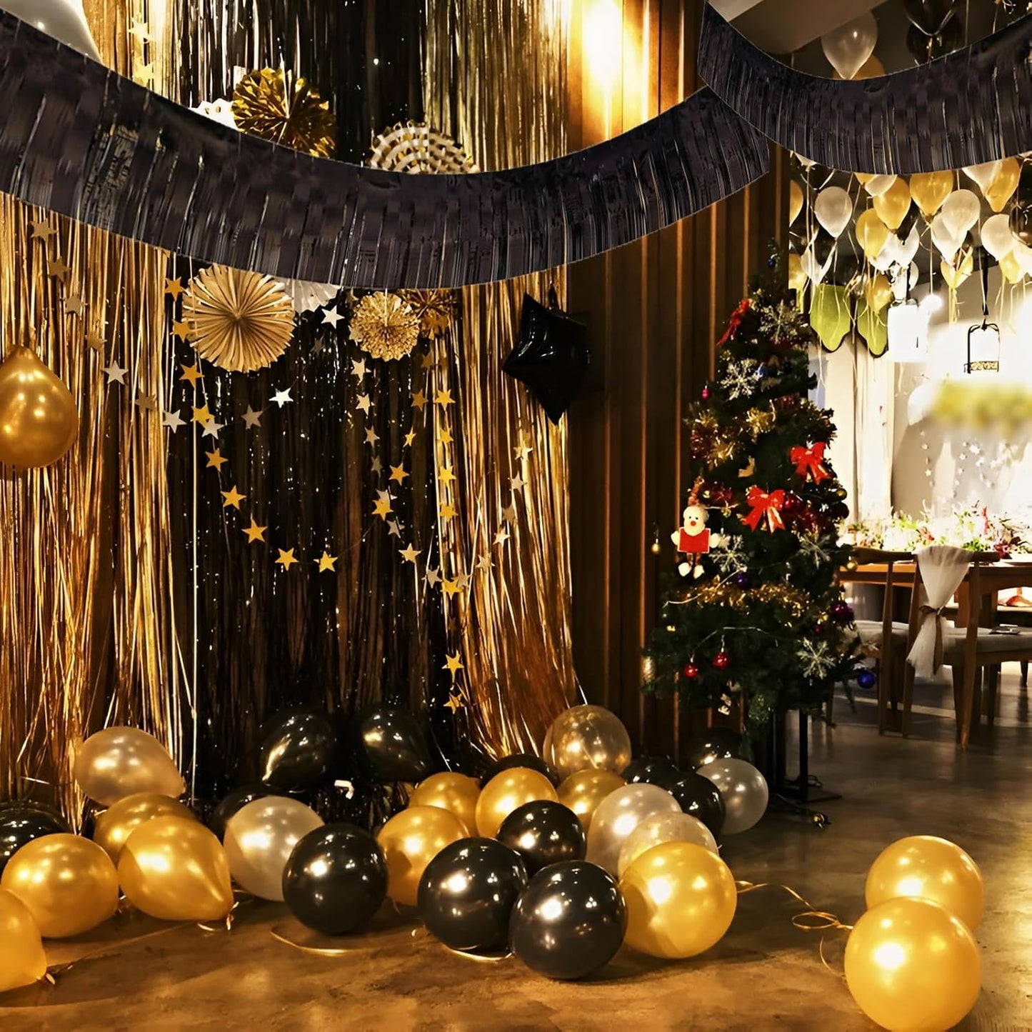 Black Foil Fringe Garland 10FT 6packs, Metallic Foil Tinsel Fringe Banners for Parade Float