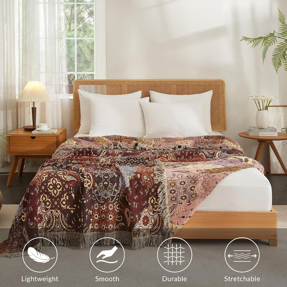Boho Throw Blanket for Couch Sofa Bed, 100% Cotton Woven Quilt with Tassel 60”x80”, Super Soft
