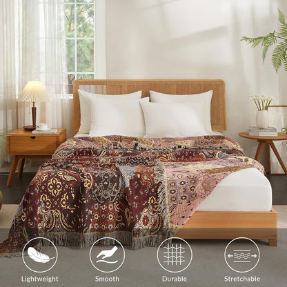 Boho Throw Blanket for Couch Sofa Bed, 100% Cotton Woven Quilt with Tassel 60”x80”, Super Soft