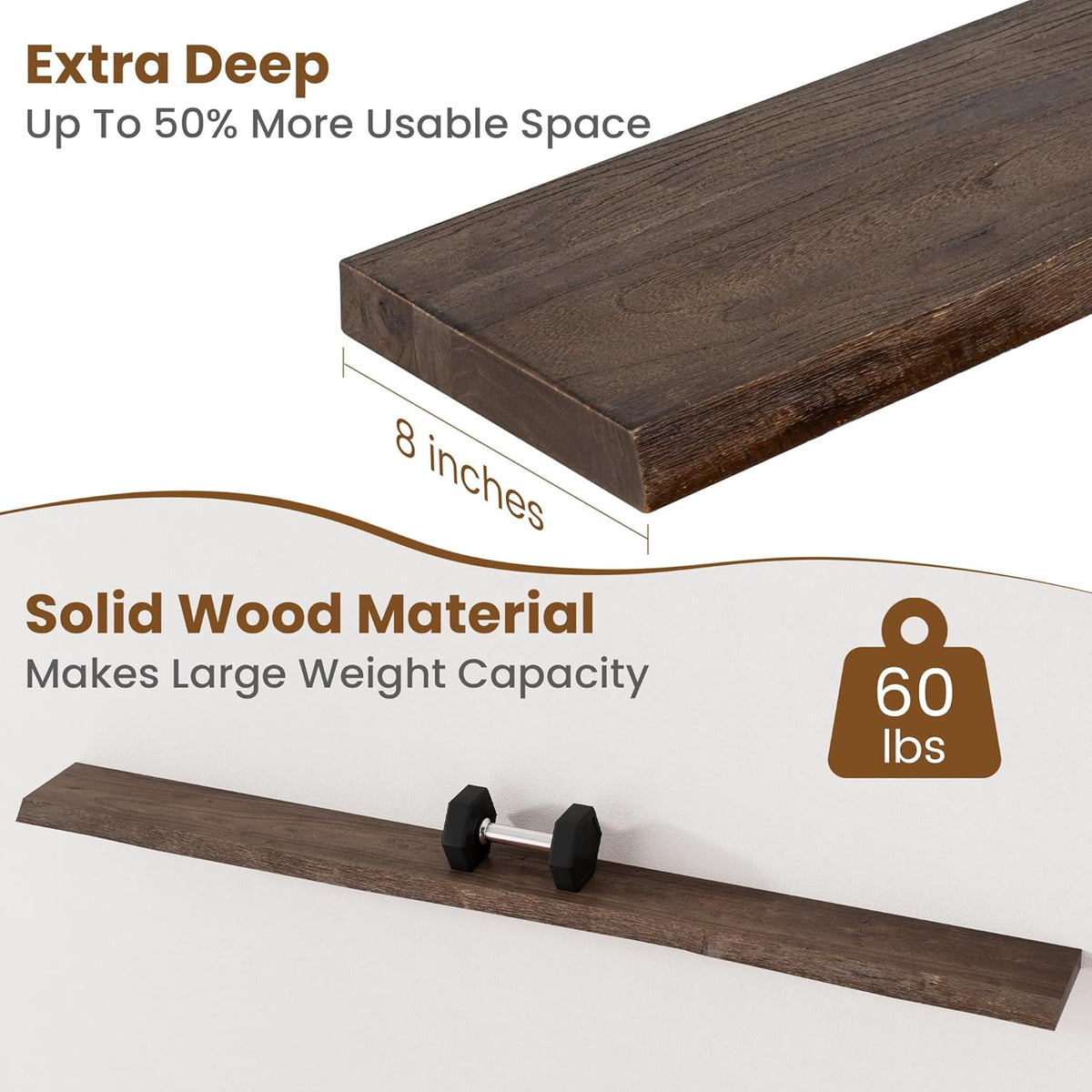 Floating Shelves for Wall Decor, Rustic Solid Elm Wood Floating Shelves Wall Mounted, Wall Shelves