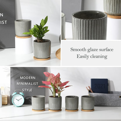 TAMAYKIM 4 Inch Cylinder Ceramic Plant Pots with Drainage Holes & Saucers, Glazed Green Grey Small