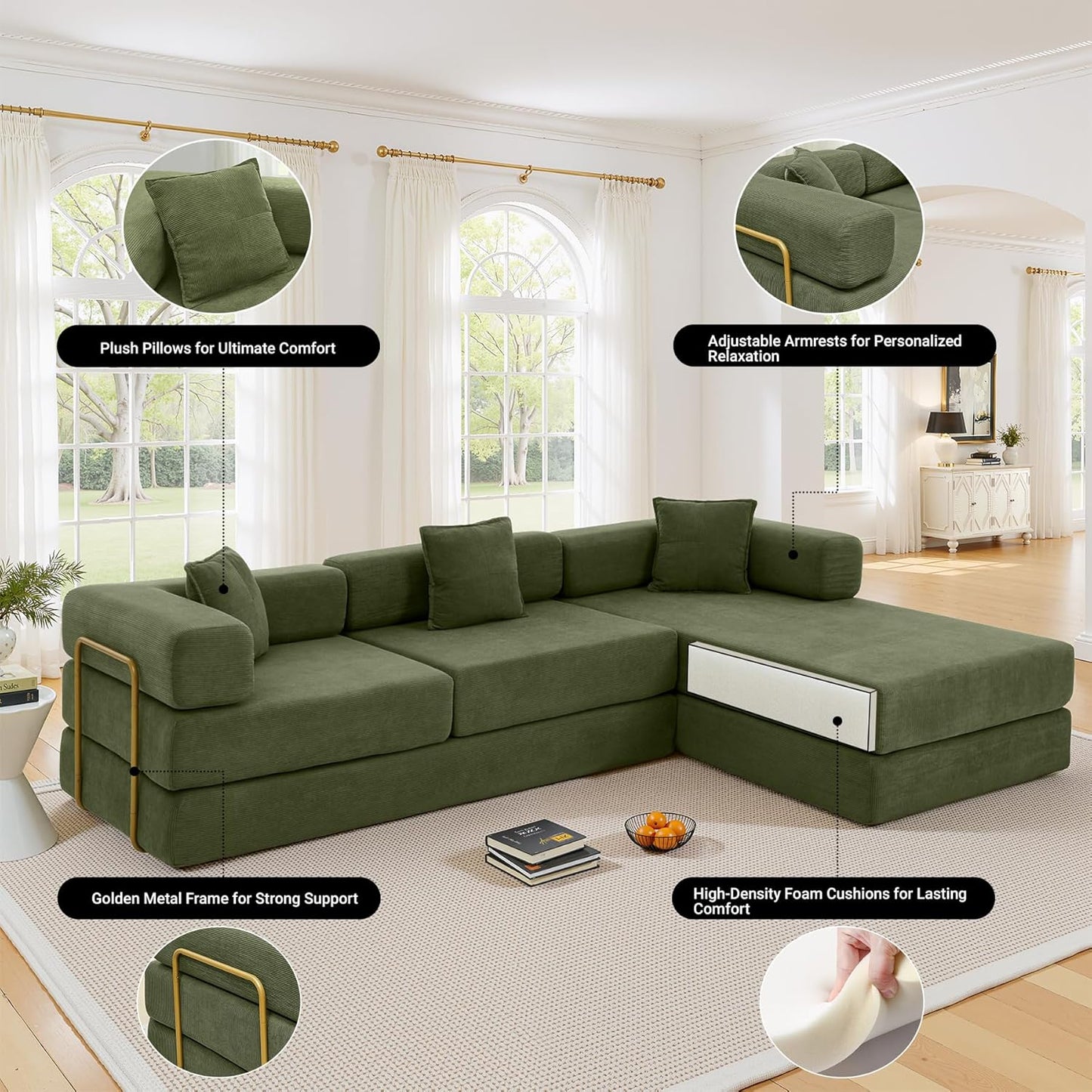 108" Oversized Convertible Sleeper Sofa Bed, Corduroy L Shape Sectional Couch, Folding Sofa Bed
