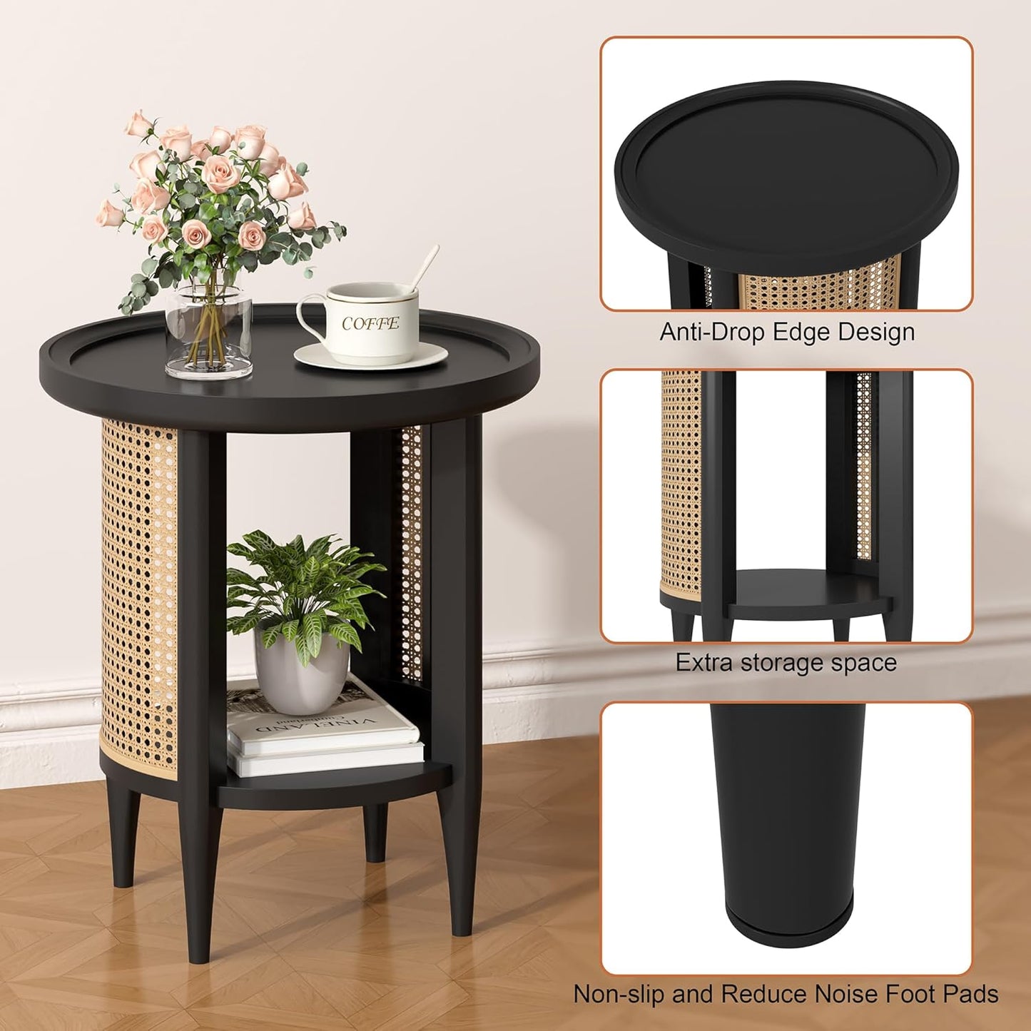 Yusong Round End Table Rattan Side Table with Solid Wood Legs, Boho Style Nightstand Bedside Table