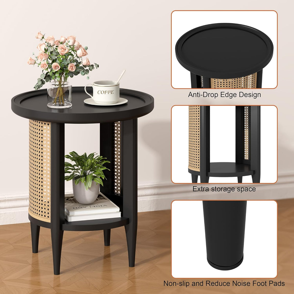 Yusong Round End Table Rattan Side Table with Solid Wood Legs, Boho Style Nightstand Bedside Table