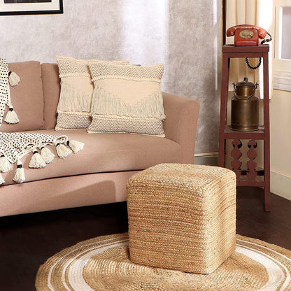 REDEARTH · Cube Pouf Foot Stool Ottoman - Jute Braided Pouffe Poof Accent Sitting Footrest for The
