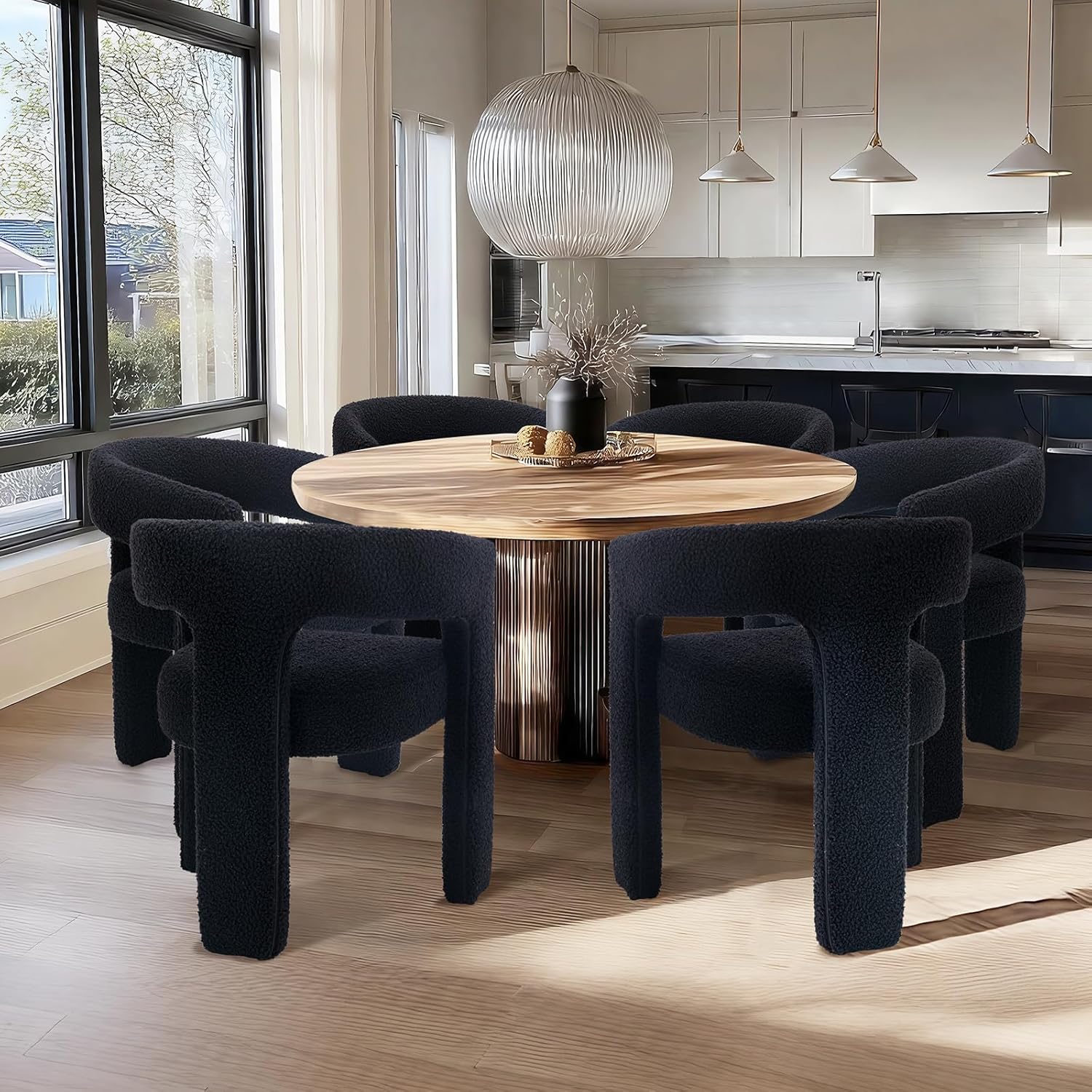 Black Sherpa Dining Chairs Set of 6, Modern Barrel Dining Room Chairs Upholstered Faux Fur Accent