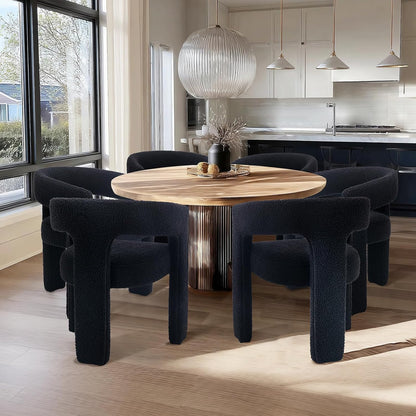 Black Sherpa Dining Chairs Set of 6, Modern Barrel Dining Room Chairs Upholstered Faux Fur Accent