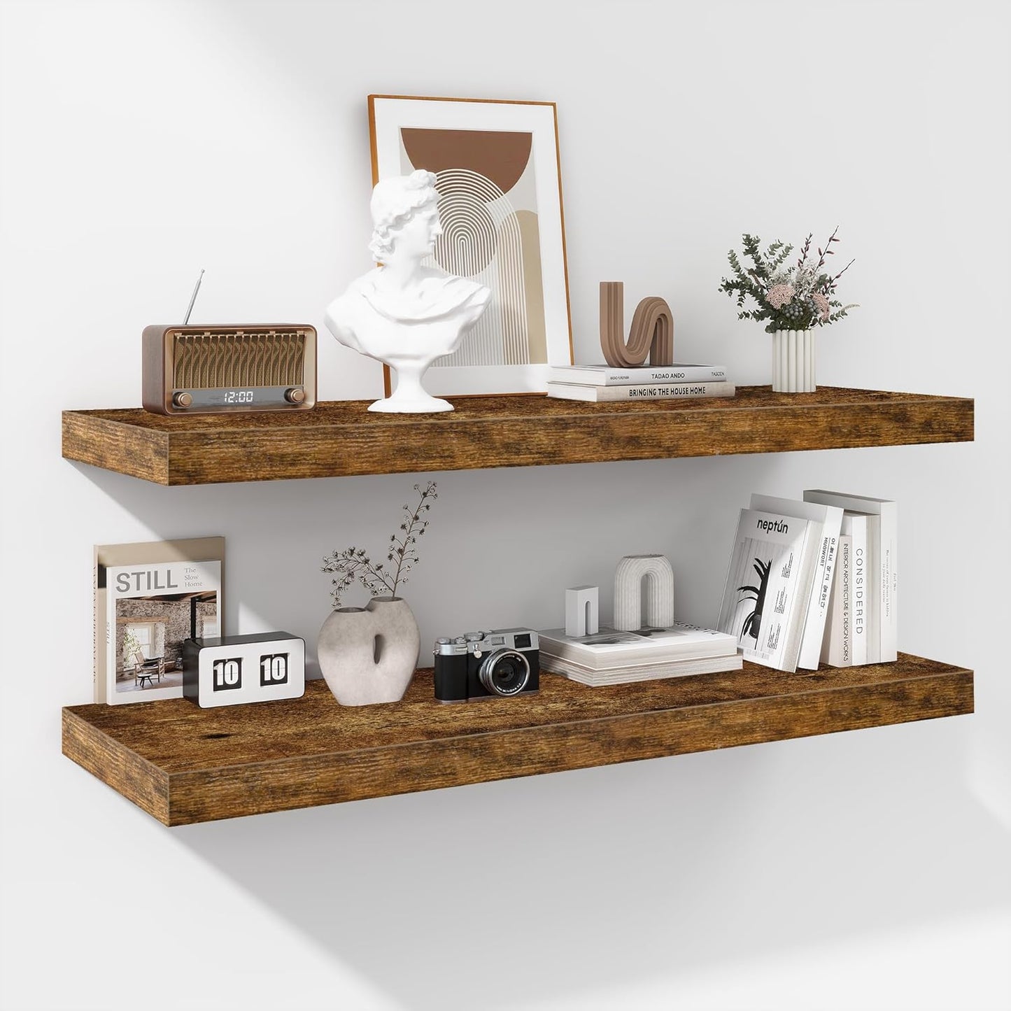 Fun Memories Floating Shelves - 2 Pack 12 Inch Rustic Wooden Wall Shelves - Extra Deeper & Thicker