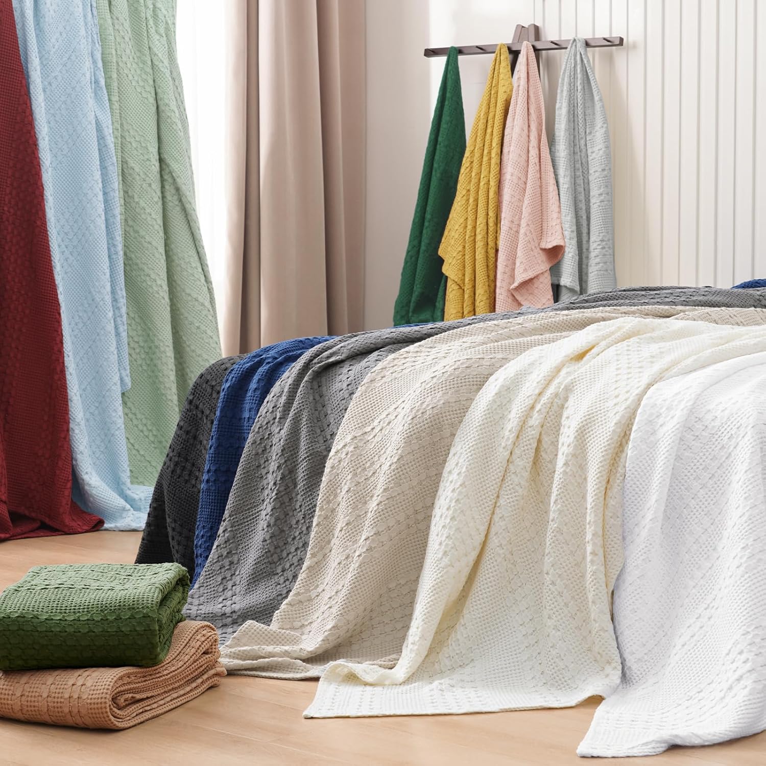 PHF 100% Cotton Waffle Weave Blanket Queen Size, Soft Lightweight Breathable Cozy Summer Blankets