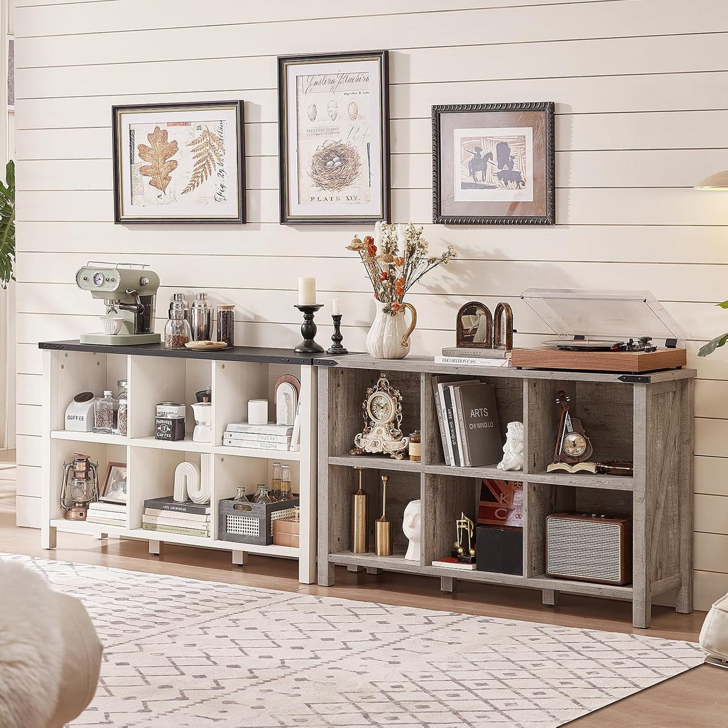 Farmhouse 6 Cube Bookshelf, Antique White & Black Wooden Storage Organizer Book Shelf, 47" Cubby
