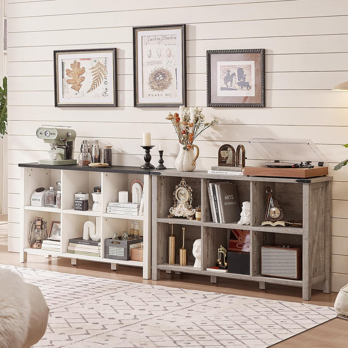 Farmhouse 6 Cube Bookshelf, Antique White & Black Wooden Storage Organizer Book Shelf, 47" Cubby