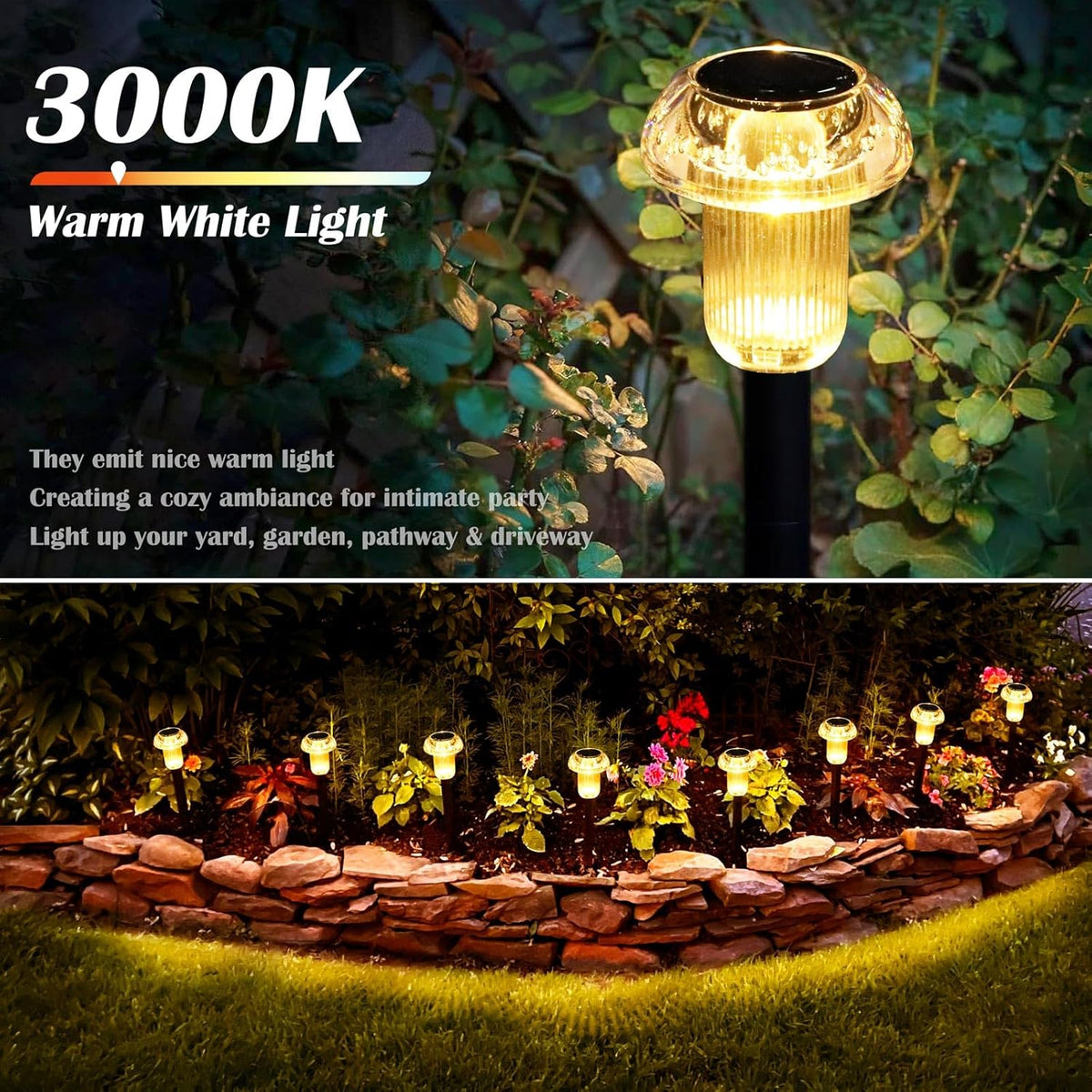 Solar Lights Outdoor Pathway Waterproof 8 Pack Warm White LED Acrylic Mushroom Decorative Garden