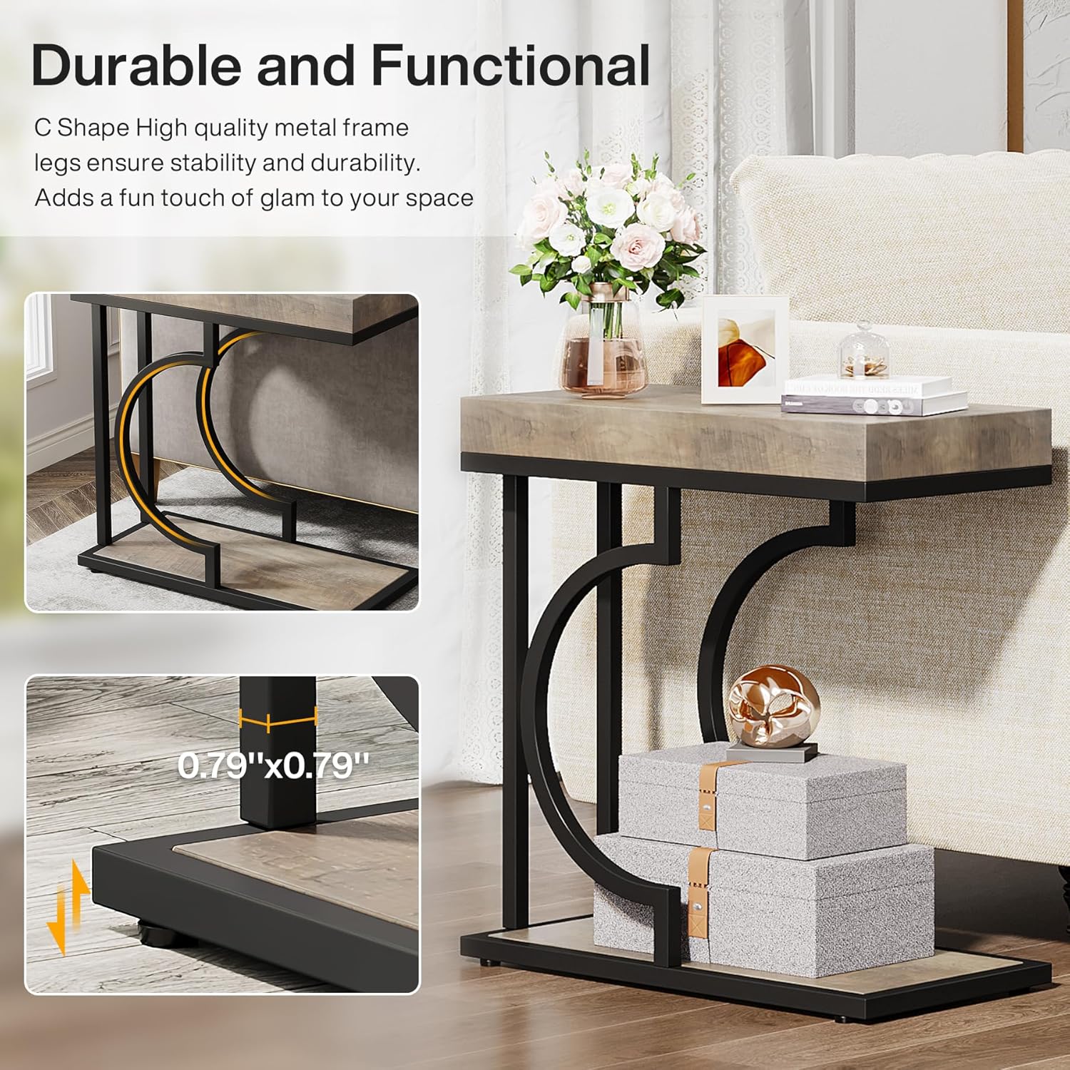 Tribesigns Narrow Side Table C Shaped End Table Modern Bedside Tables for Couch, Small Sofa