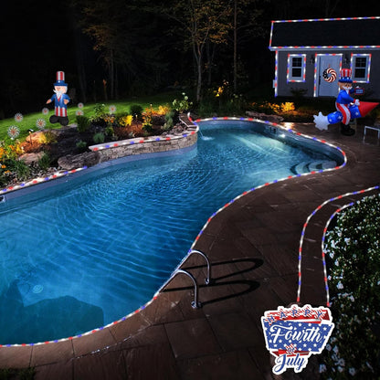 YEGUO 4th of July Decorations Red White and Blue Lights, 2 Packs Each 33ft 100 LED Solar Rope Light