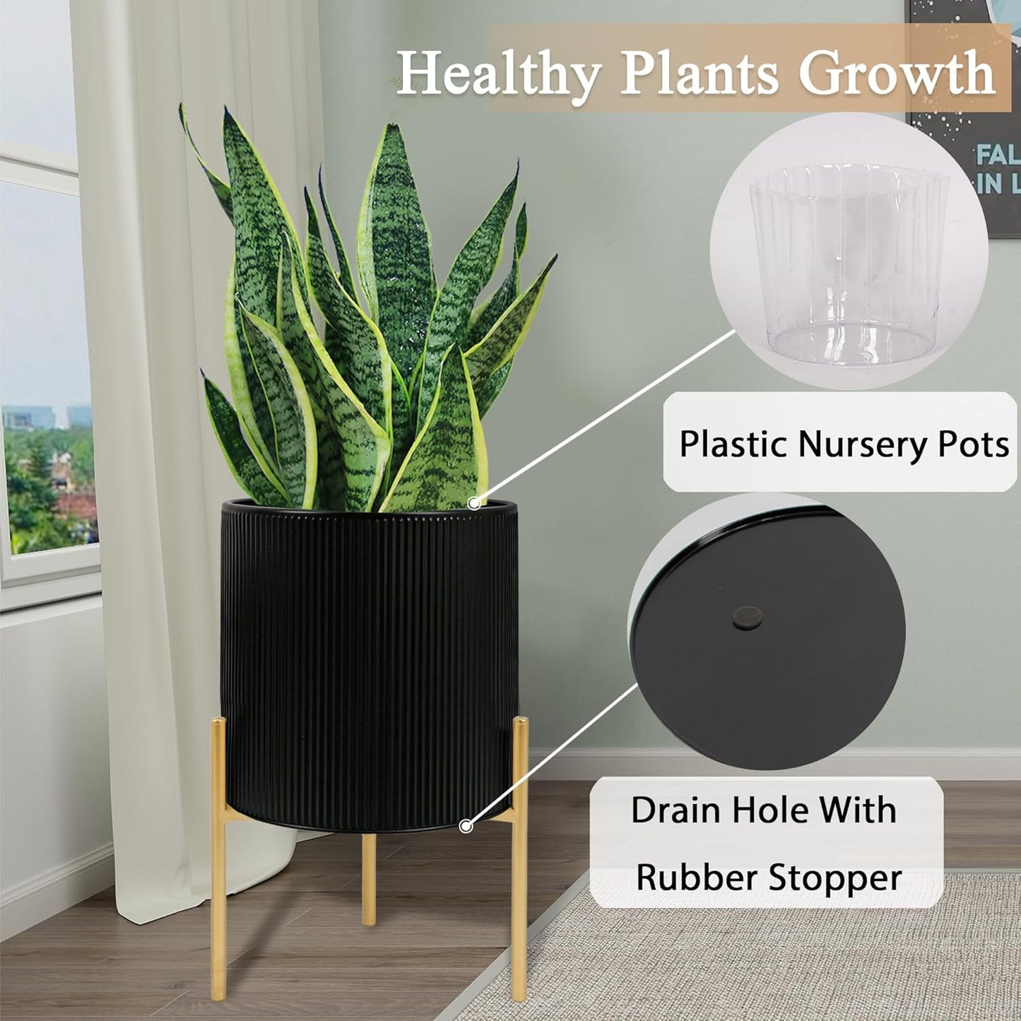 ARNIS Modern Plant Pots, Set of 2 Round Large Planters with Stand, Large Size Metal Pots with