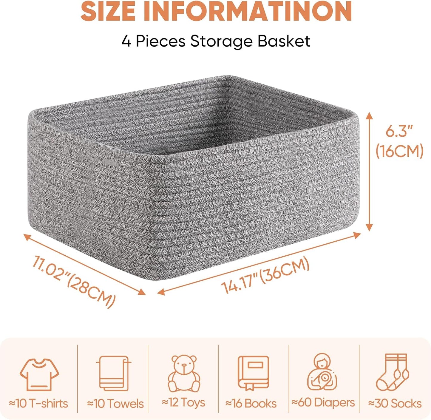 OIAHOMY 4 Pack 14.17*11.02*6.3IN Storage Baskets for Organizing Shelves, Woven Rope Baskets for