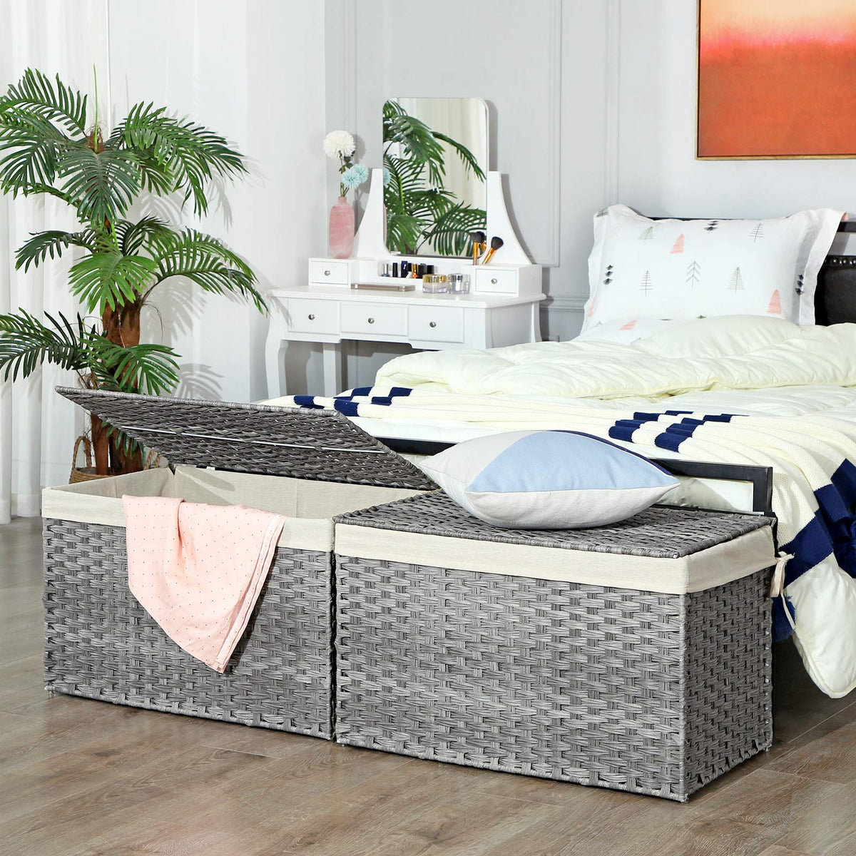SONGMICS Storage Basket with Lid, Woven Blanket Storage Bin with Handles, Foldable, Removable