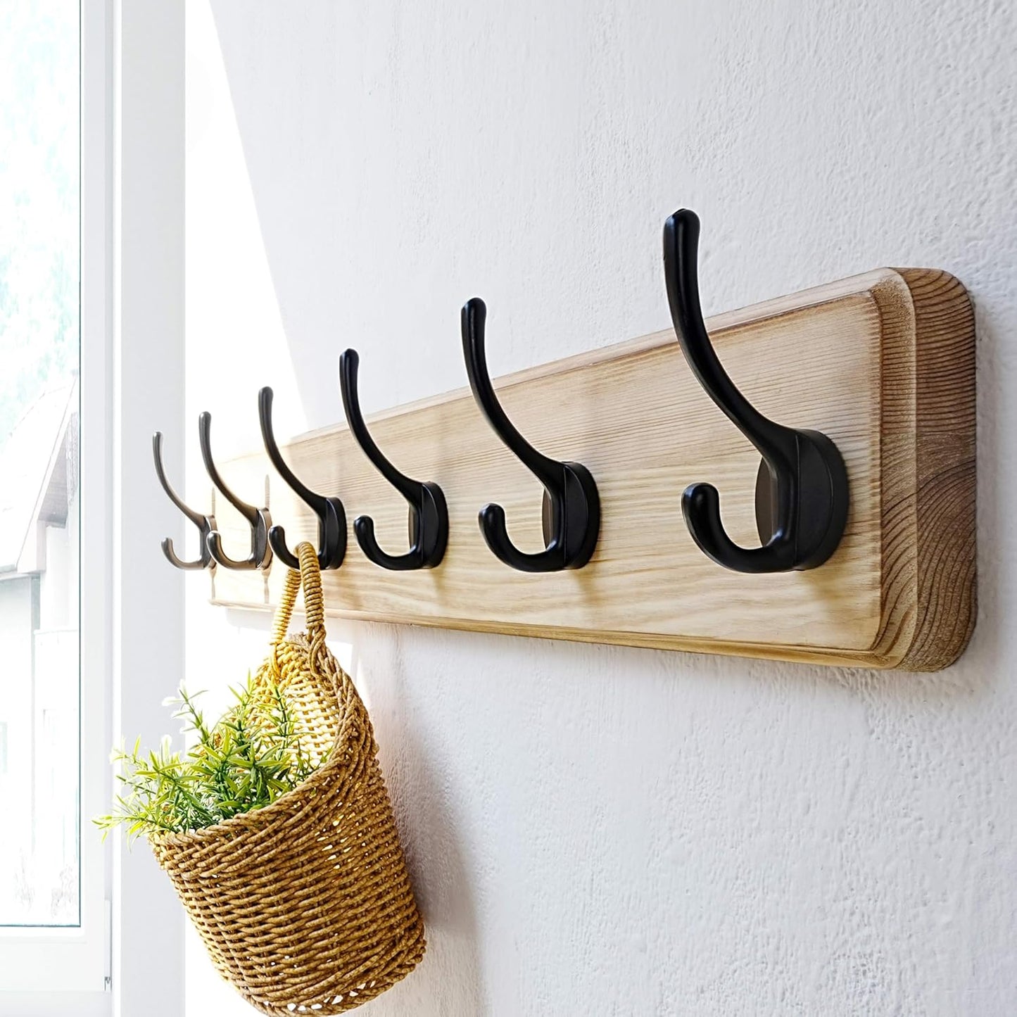 Dseap Coat Rack Wall: 24" Long, Patented, Heavy-Duty, 6-Double-Hooks Wooden Wall Mounted Coat Rack