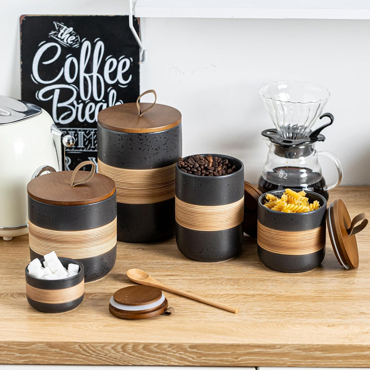 Small Ceramic Jar with Lid, Coffee Container Kitchen Food Storage Jars for Spice Sugar Tea Bag