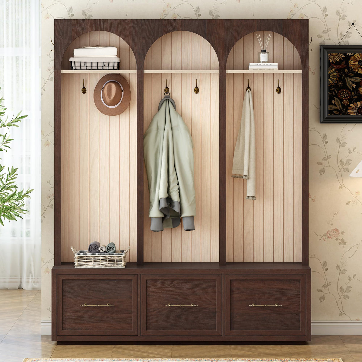 Merax Farmhouse Wood Hall Tree with Shoe Bench and 3 Drawers, 4-in-1 Coat Rack with 8 Hooks for