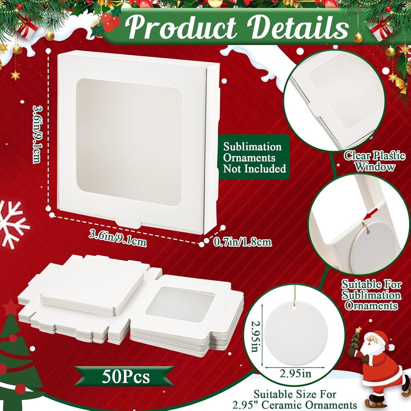 50 Pcs Sublimation Ornament Blanks Box 3.6"x3.6"x0.7" Christmas Ornaments Holder Ceramic Discs