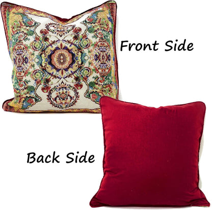 Tache Rococo Elegant Ornate Ivory Colorful Paisley Cotton Linen 18x18 Tapestry Woven Cushion Throw