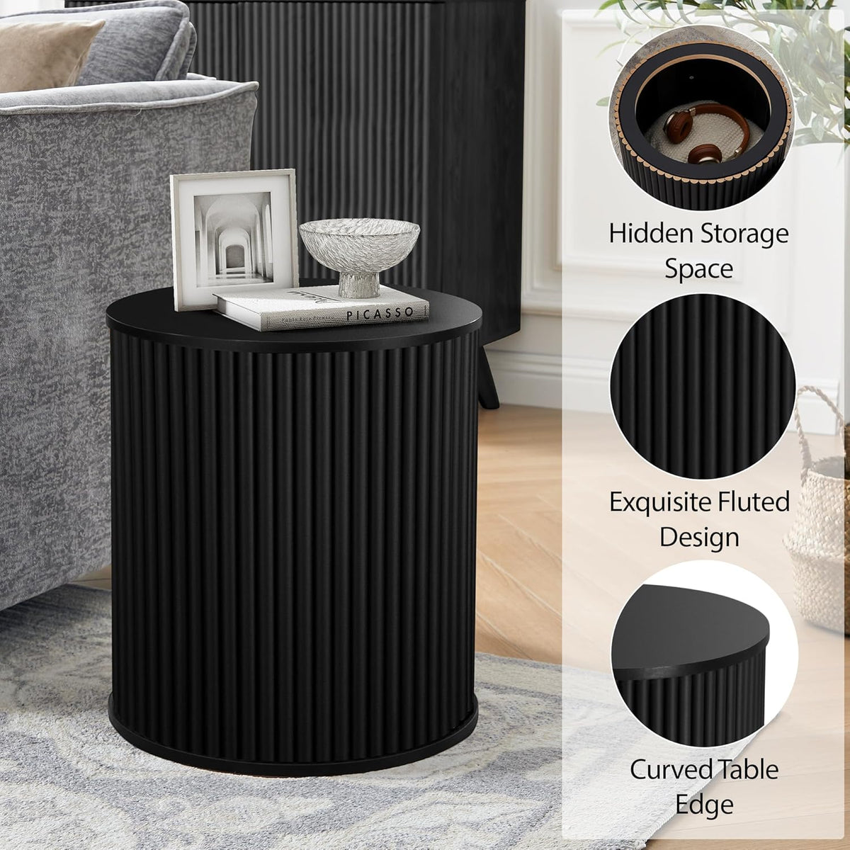 AVZEAR Small Round Side Table Fluted Night Stand Set of 2, Mid Century Modern End Table with