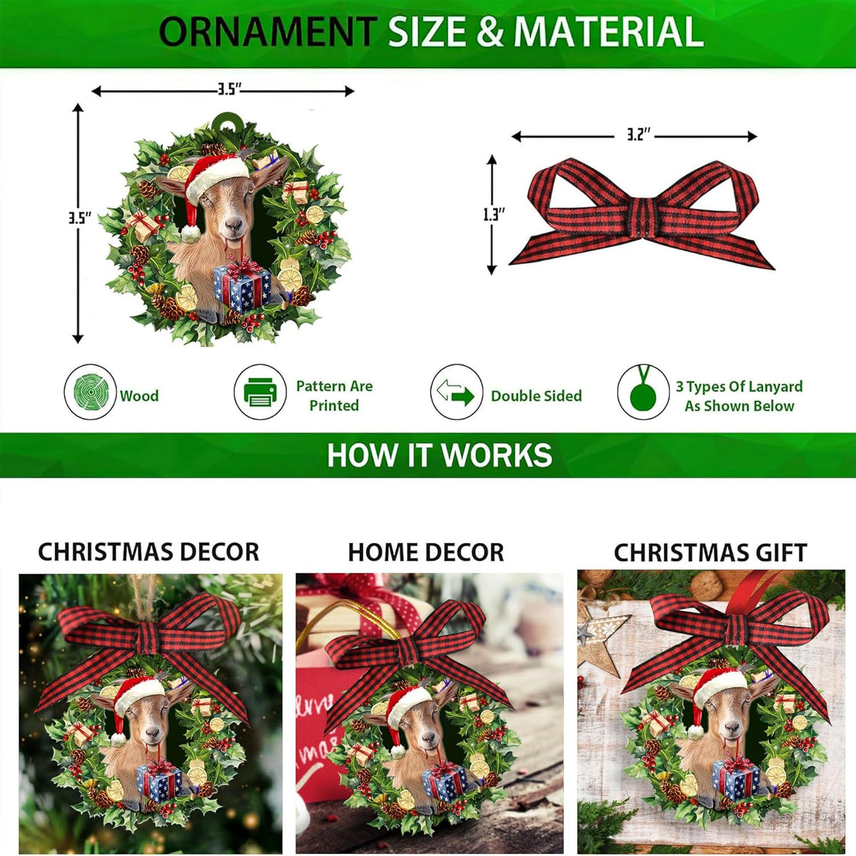 Talataca Goat Wearing A Christmas Hat Wreath Farm Animal Lover 2D Flat Christmas Tree Wood Ornament
