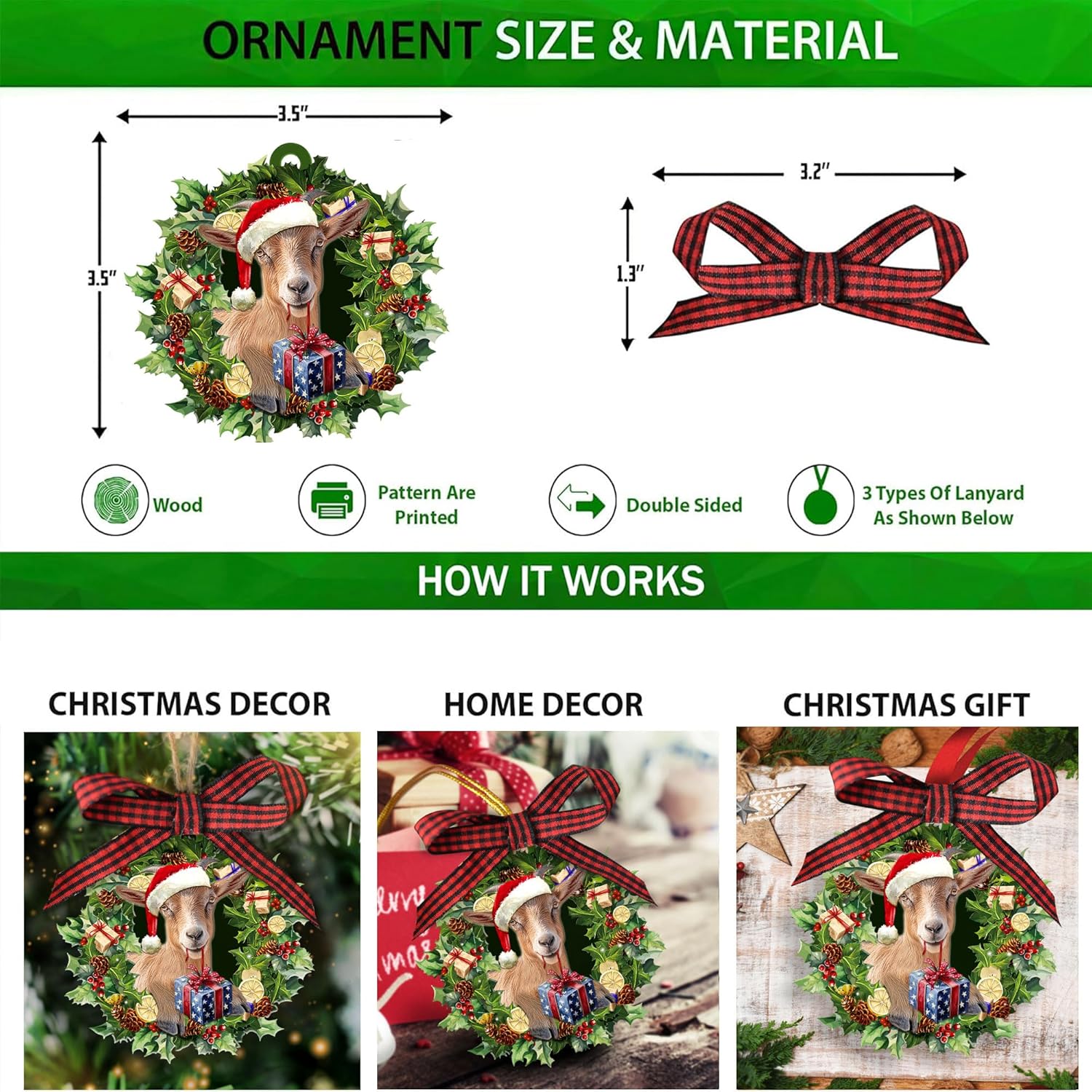 Talataca Goat Wearing A Christmas Hat Wreath Farm Animal Lover 2D Flat Christmas Tree Wood Ornament