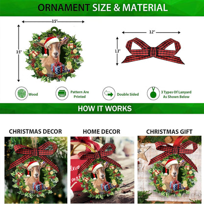 Talataca Goat Wearing A Christmas Hat Wreath Farm Animal Lover 2D Flat Christmas Tree Wood Ornament