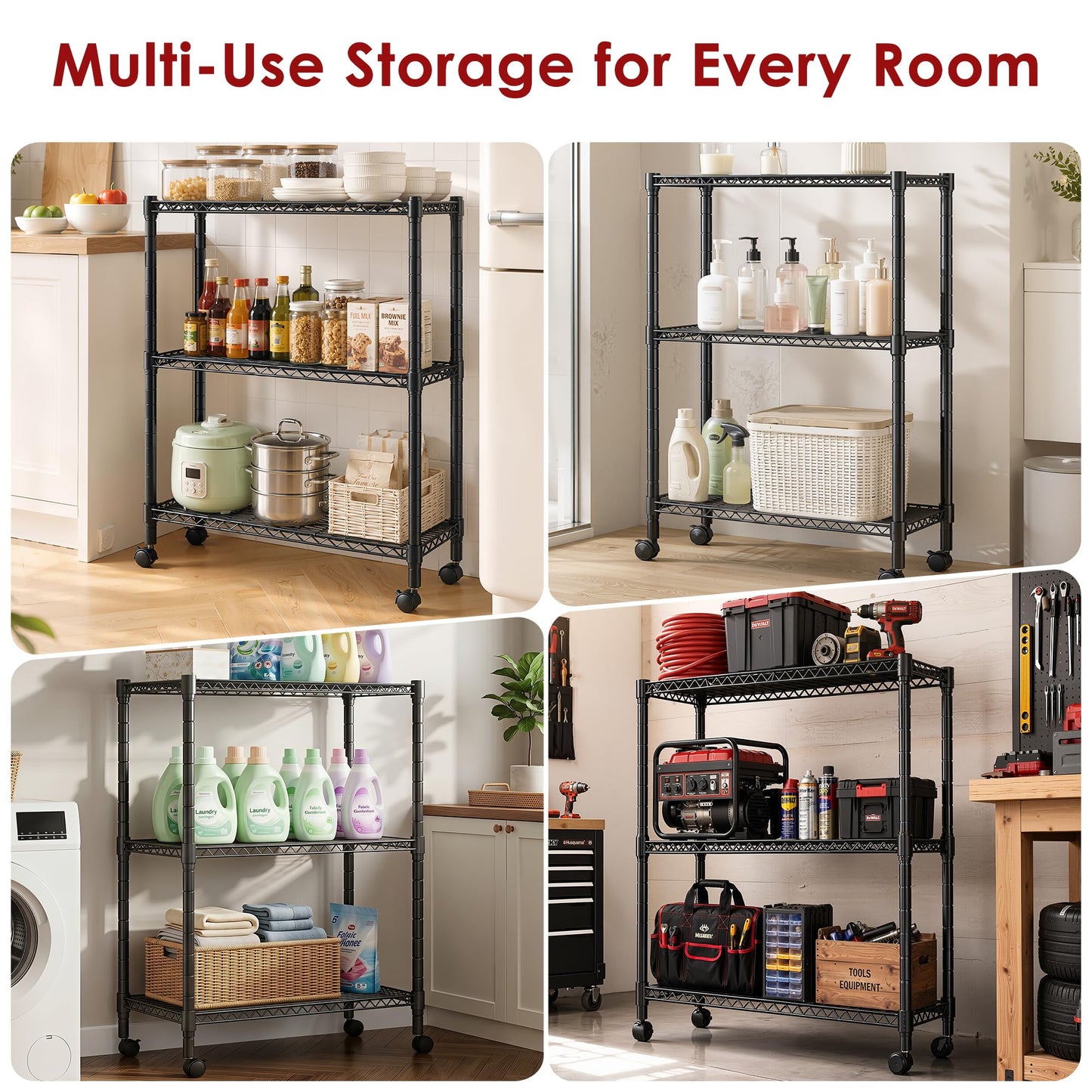 Simple Deluxe 3-Tier Heavy Duty Adjustable Storage Shelf with Wheels, 23.23”W x 13.39”D x 30.31”H