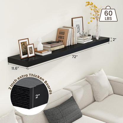 Black Floating Shelves for Wall - 72 Inch Wide x 12 Inch Deep Wall Shelves Set of 1 - Rustic Black