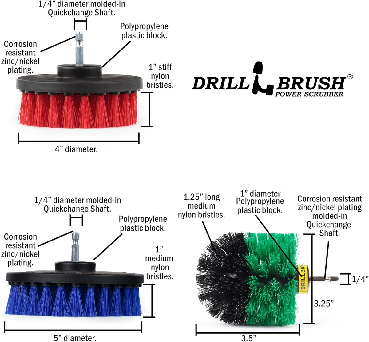Variety Multi-Pack Drill Brush Attachments for Cleaning Car, Truck, Carpet, Boat, Bathroom