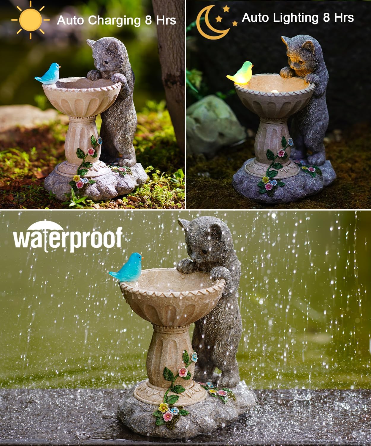 Nacome Solar Cat Birdbath Garden Decor: Outdoor Statues Ornaments for Outside Decorations Yard Art