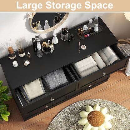 Wood Dresser for Bedroom 8 Drawer: 47" Black Chest of Drawers Wood, Modern Fluted Cabinet with