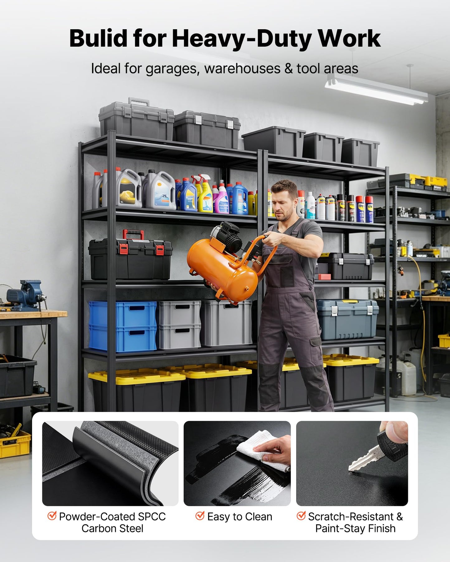 VEVOR Garage Shelving, 5-Tier Adjustable Storage Shelves, 3000 lbs Heavy Duty Garage Shelves, Metal