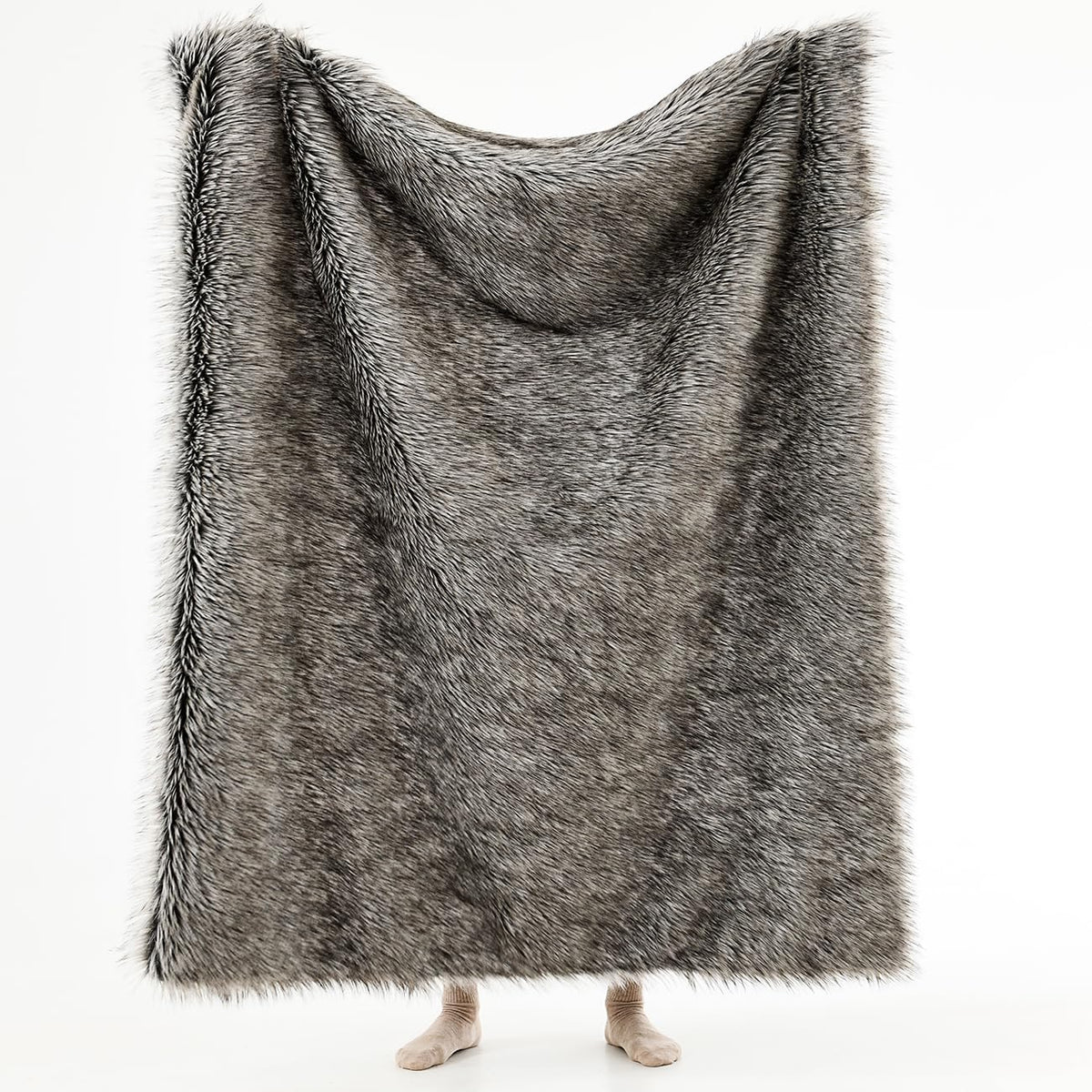 HORIMOTE HOME Luxury Plush Faux Fur Throw Blanket, Long Pile Grey with Black Tipped Blanket, Super