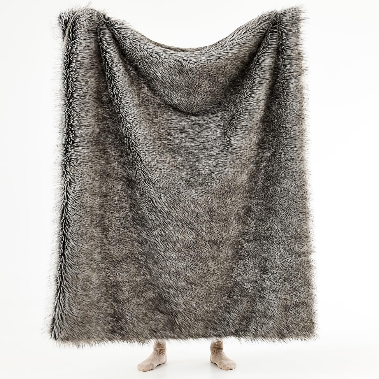 HORIMOTE HOME Luxury Plush Faux Fur Throw Blanket, Long Pile Grey with Black Tipped Blanket, Super