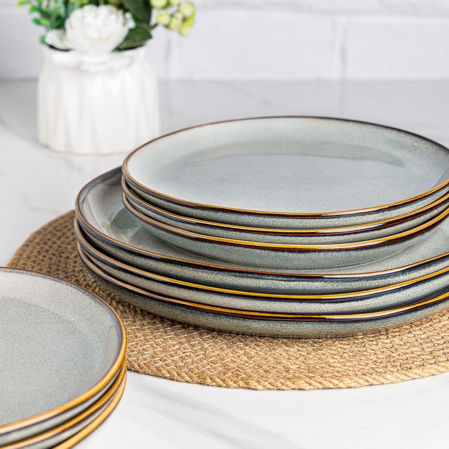 AmorArc Ceramic Dinnerware Sets,Handmade Reactive Glaze Stoneware Plates and Bowls Sets,Highly Chip